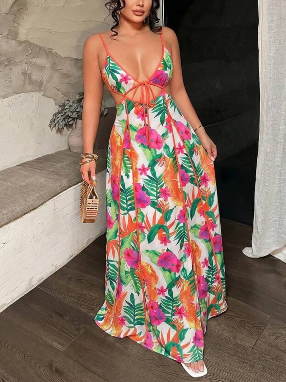 Tropical Floral Cutout Maxi Dress with Neon Trim - Picture 6 of 6